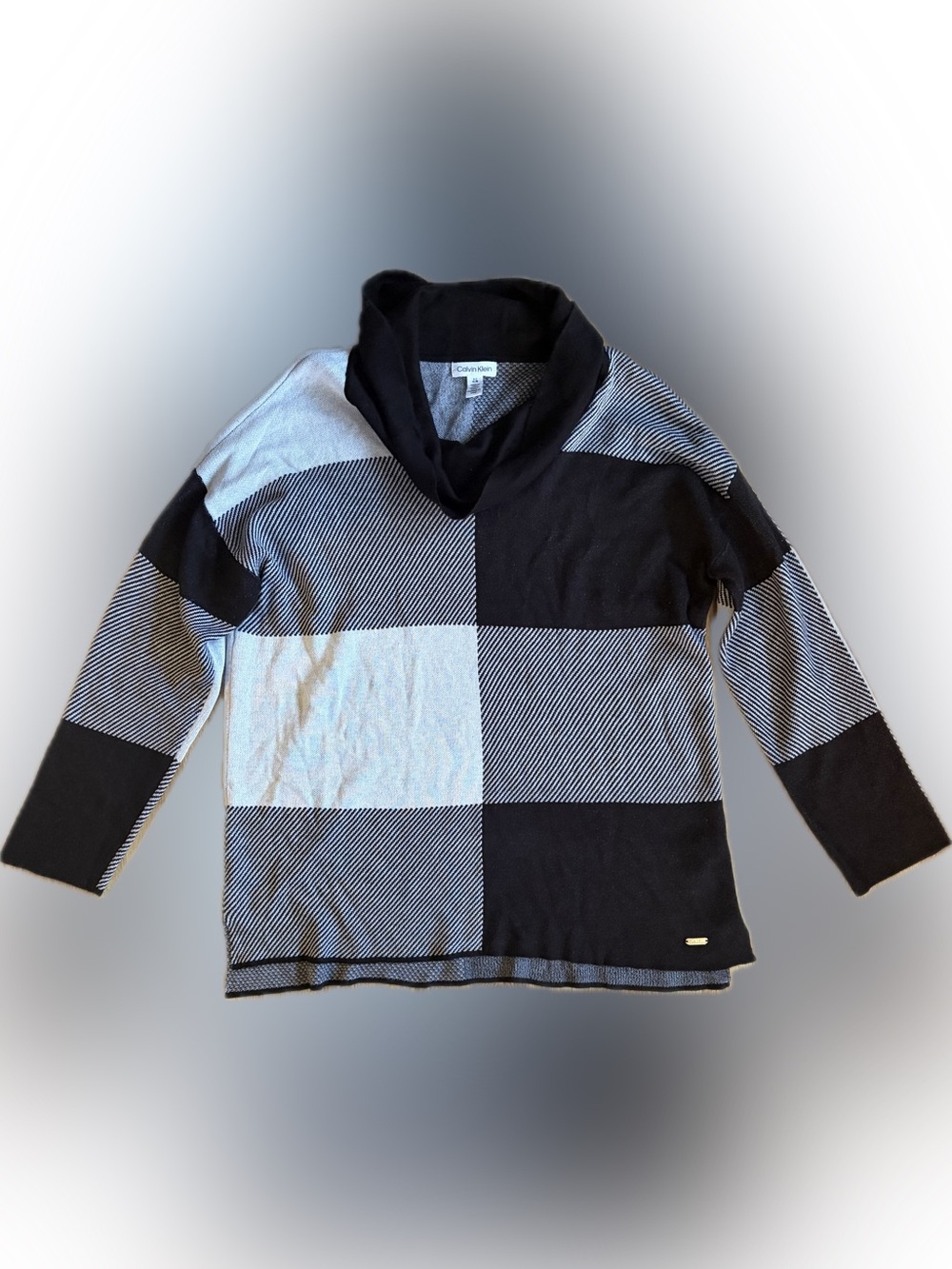 Calvin Klein Black and Gray Block-Pattern Cowl Neck Sweater